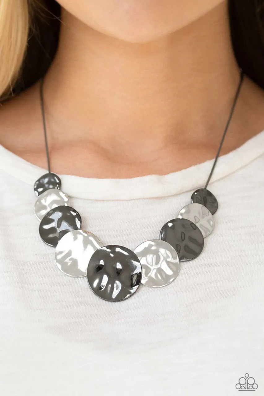 A Daring DISCovery - Black - Hammered Gunmetal Silver Disc Paparazzi Short Necklace