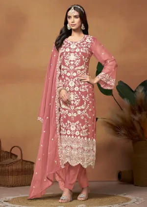 Amazing Pink Organza Embroidered Designer Salwar Suit