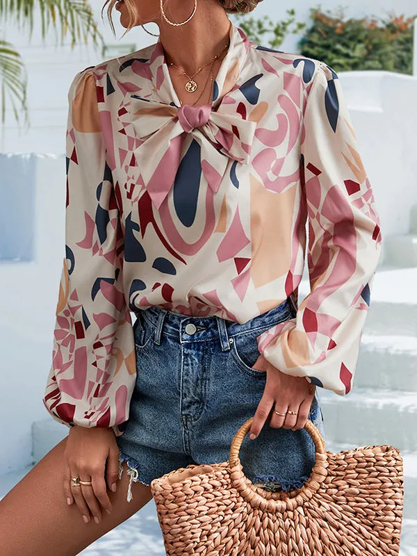 Bishop Sleeve Long Sleeves Elasticity Printed Tied V-Neck Blouses&Shirts Tops