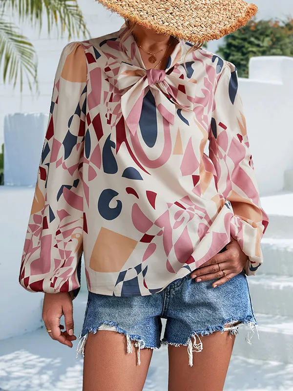 Bishop Sleeve Long Sleeves Elasticity Printed Tied V-Neck Blouses&Shirts Tops