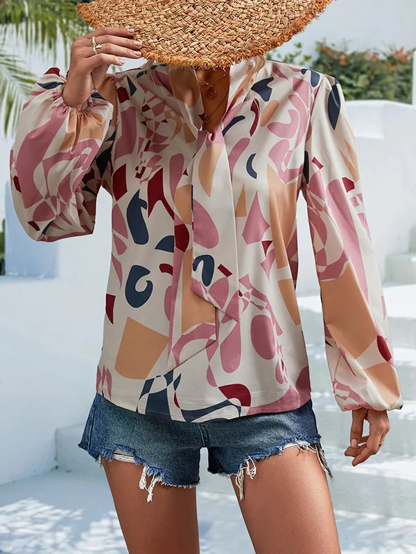 Bishop Sleeve Long Sleeves Elasticity Printed Tied V-Neck Blouses&Shirts Tops