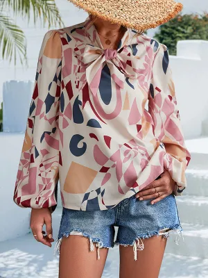 Bishop Sleeve Long Sleeves Elasticity Printed Tied V-Neck Blouses&Shirts Tops