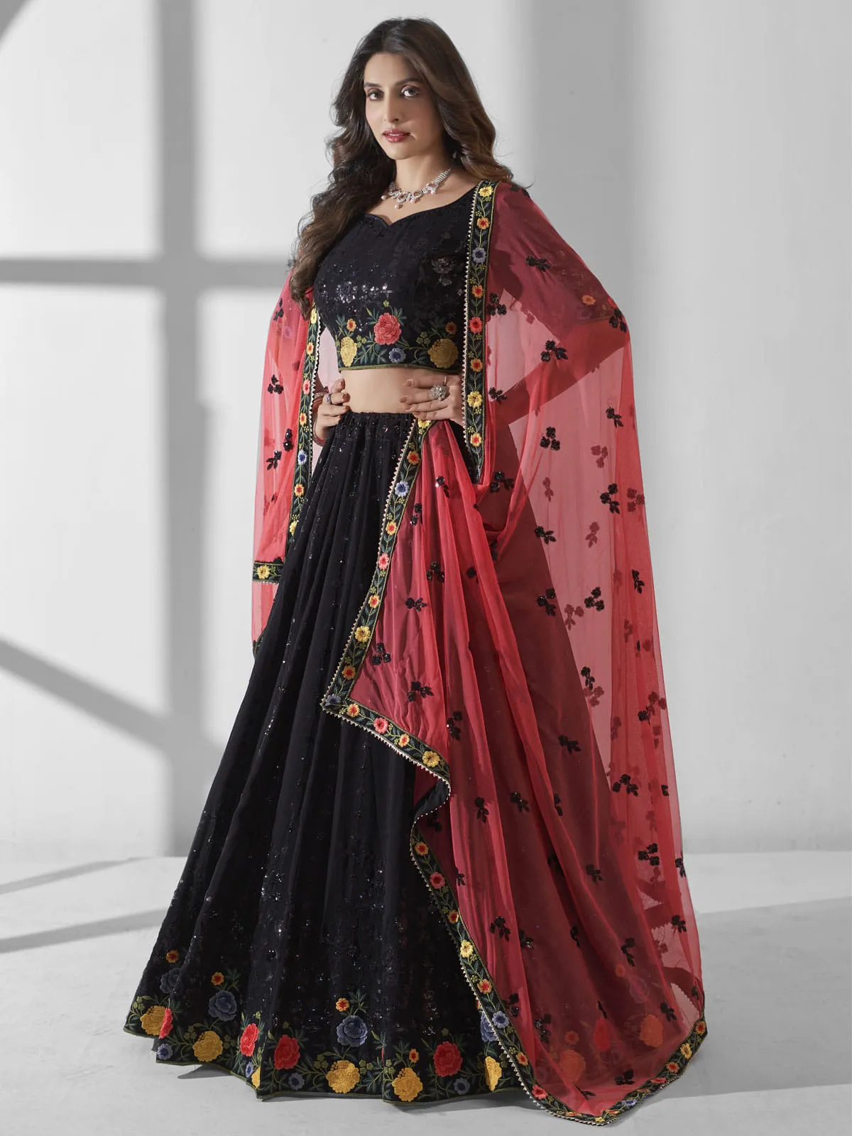 Black Multi Embroidered Wedding Festive Lehenga Choli