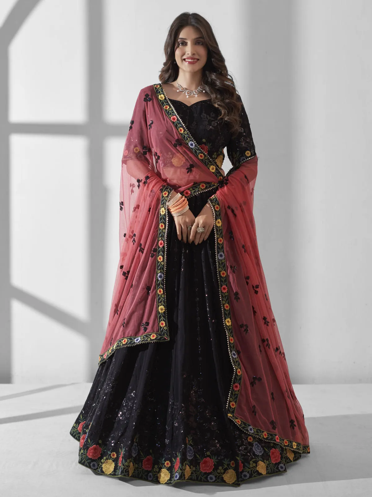 Black Multi Embroidered Wedding Festive Lehenga Choli