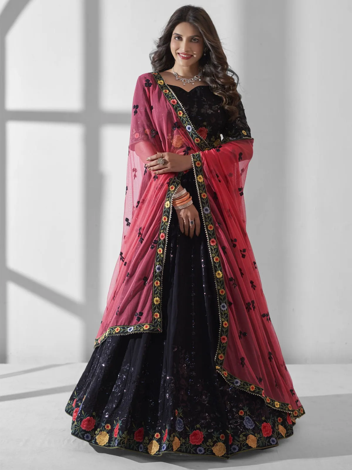 Black Multi Embroidered Wedding Festive Lehenga Choli