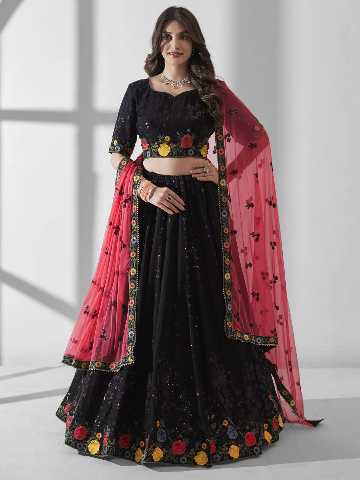 Black Multi Embroidered Wedding Festive Lehenga Choli