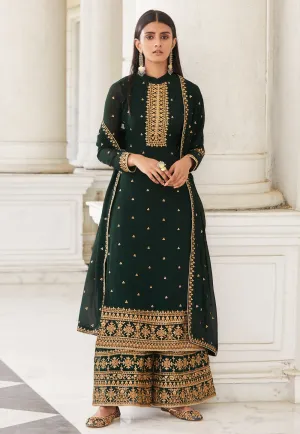 Bottle Green Zari Embroidered Flared Palazzo Suit