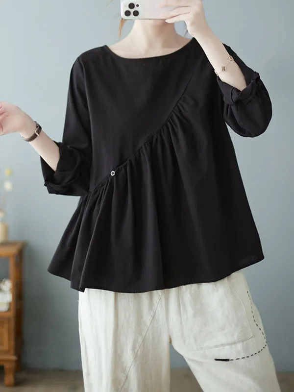 Casual Loose Long Sleeves Solid Color Round-Neck T-Shirts Tops