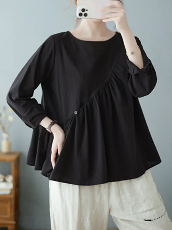 Casual Loose Long Sleeves Solid Color Round-Neck T-Shirts Tops