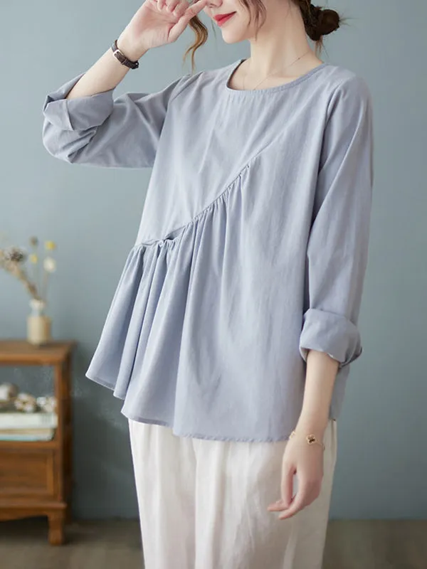 Casual Loose Long Sleeves Solid Color Round-Neck T-Shirts Tops