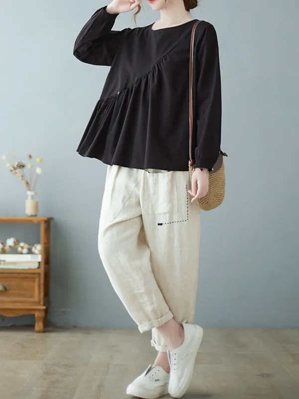 Casual Loose Long Sleeves Solid Color Round-Neck T-Shirts Tops