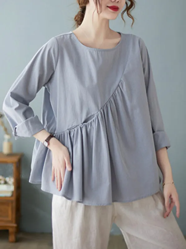 Casual Loose Long Sleeves Solid Color Round-Neck T-Shirts Tops