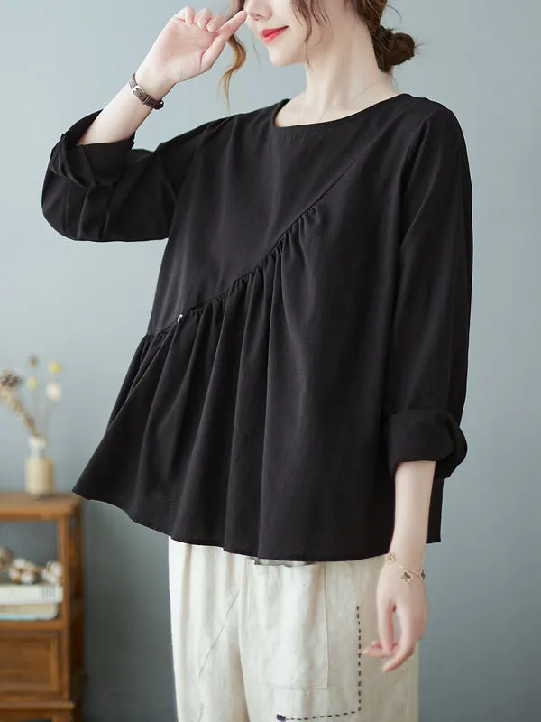 Casual Loose Long Sleeves Solid Color Round-Neck T-Shirts Tops