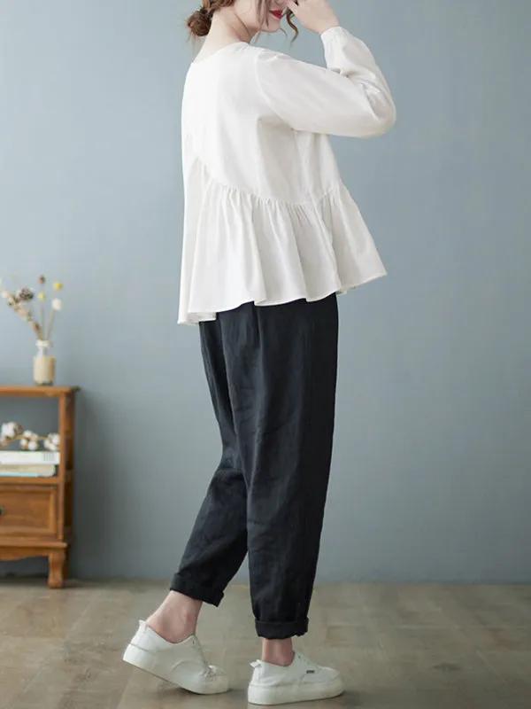 Casual Loose Long Sleeves Solid Color Round-Neck T-Shirts Tops