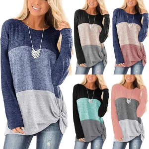 Casual round neck sweater color matching twisted long-sleeved top T-shirt