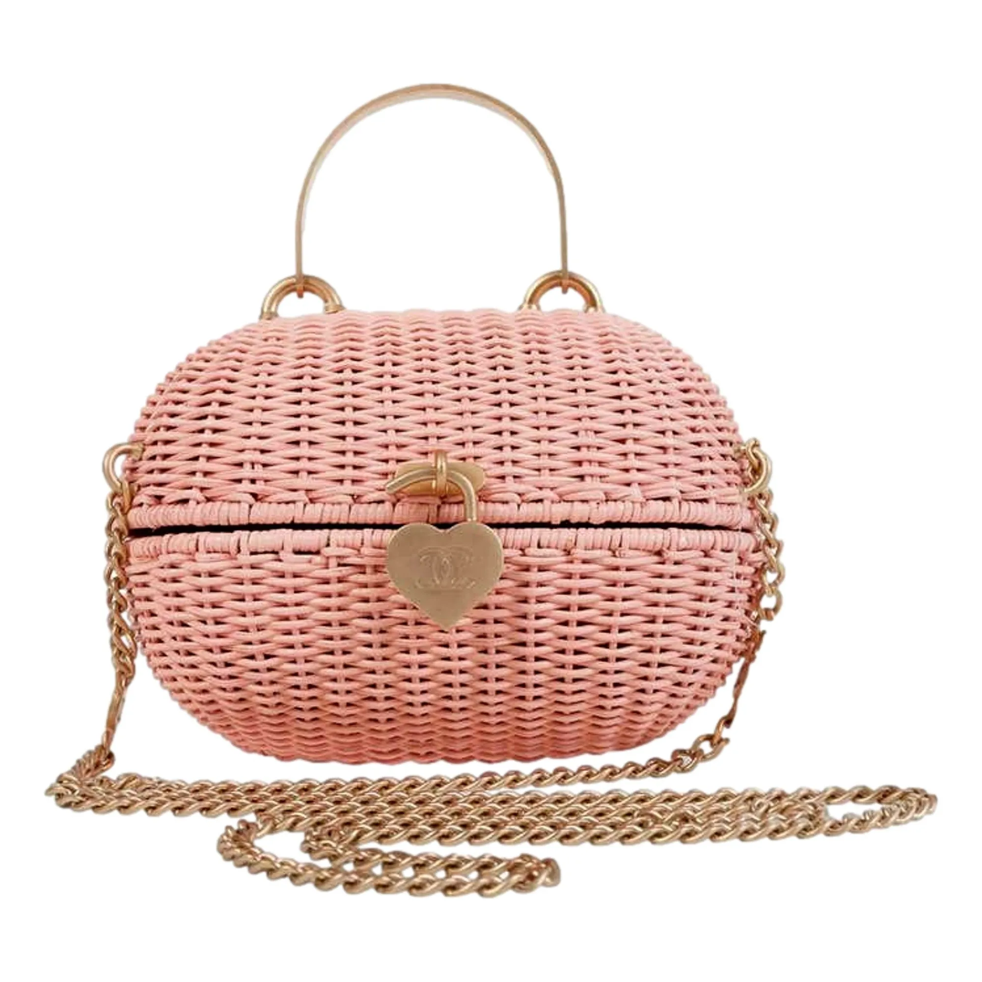 Chanel Pink Oval Wicker Heart CC Charm Closure 2-Way Handle Crossbody Bag