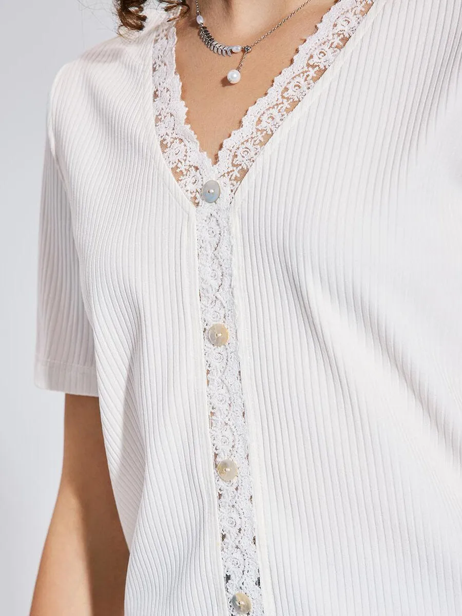 Contrast Lace Button Front Rib Top