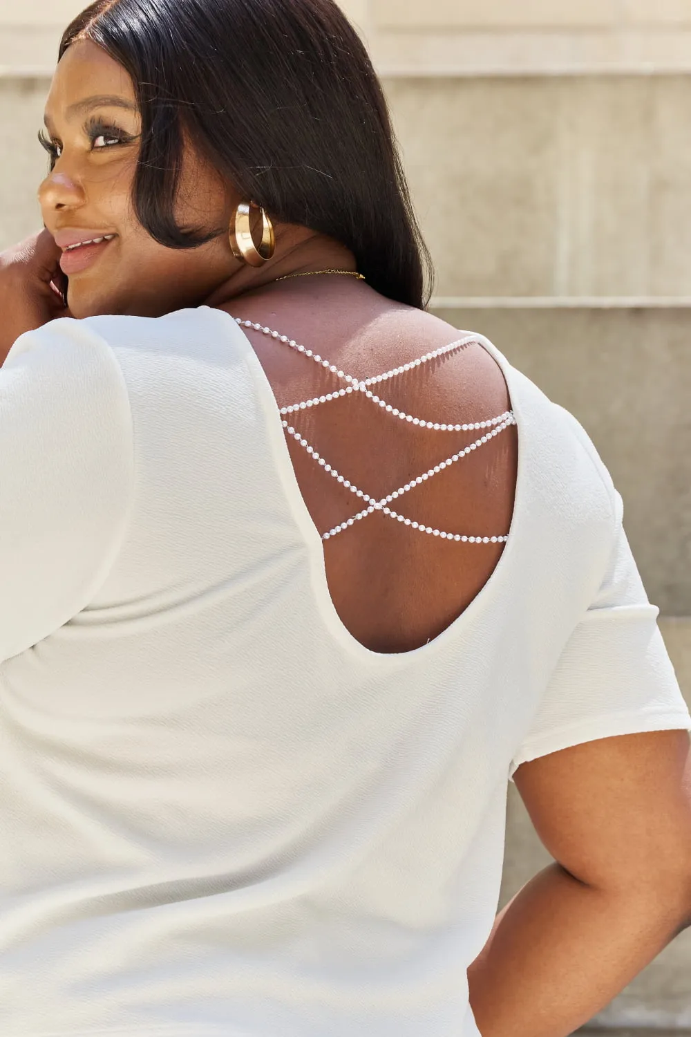 Criss Cross Pearl Detail Open Back T-Shirt