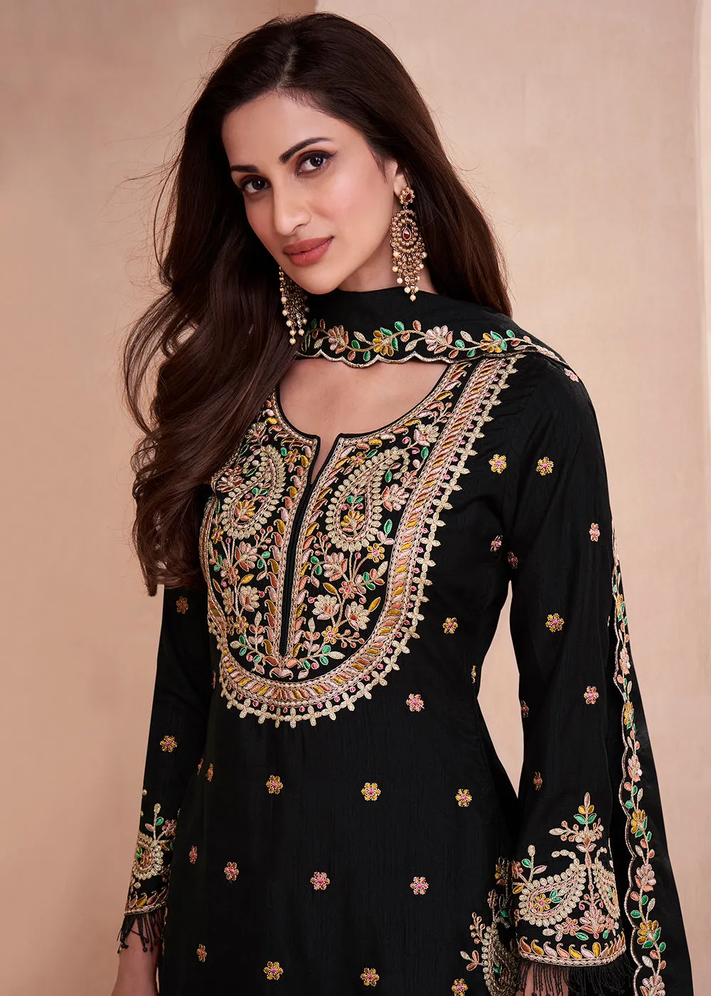 Dola Silk Pleasing Black Embroidered Designer Palazzo Suit