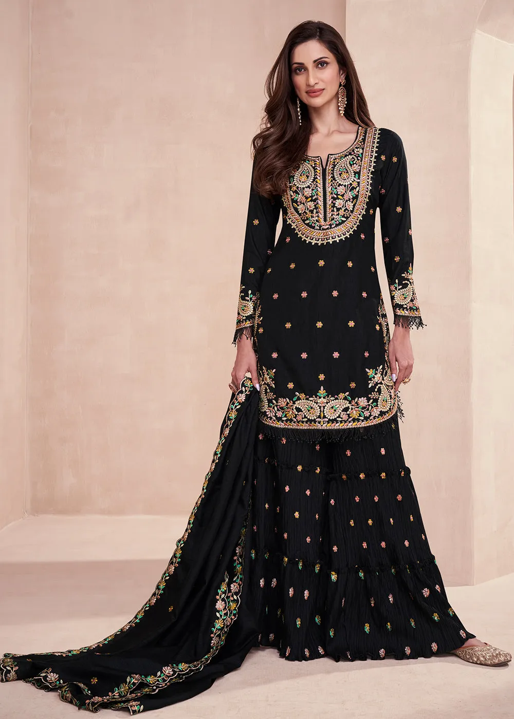 Dola Silk Pleasing Black Embroidered Designer Palazzo Suit