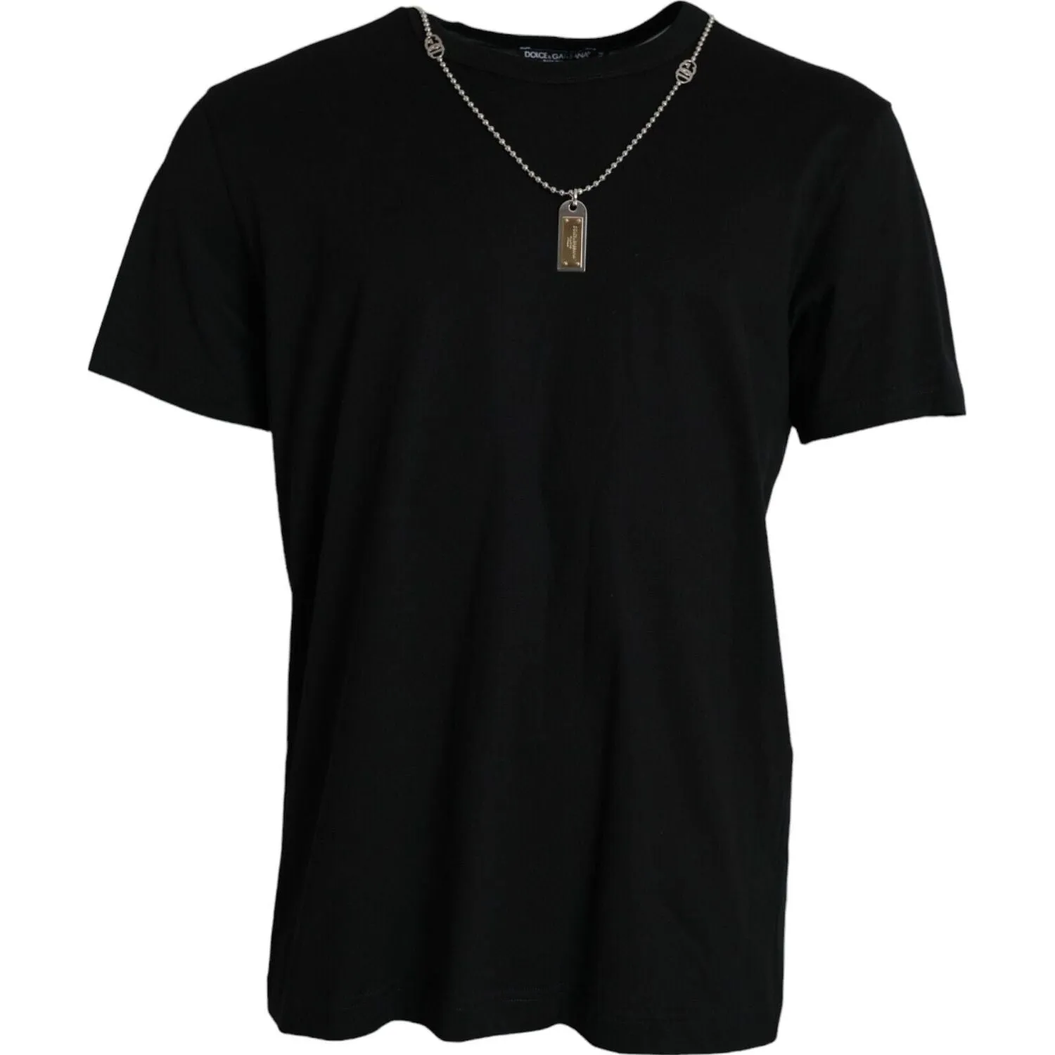 Dolce & Gabbana Elegant Black Cotton Crewneck Tee with Dog Tag Detail