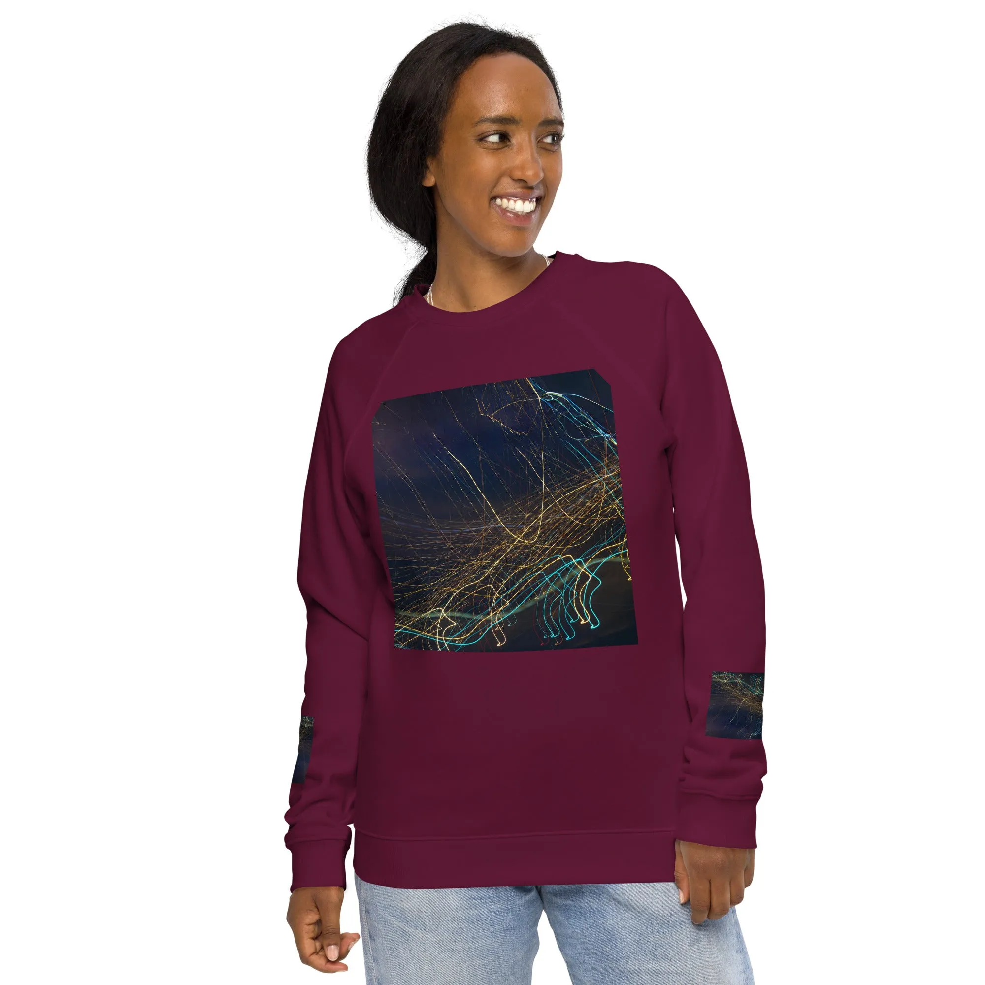 Eco-Chic Unisex Raglan Sweatshirt with Abstract Design - Shop Now!