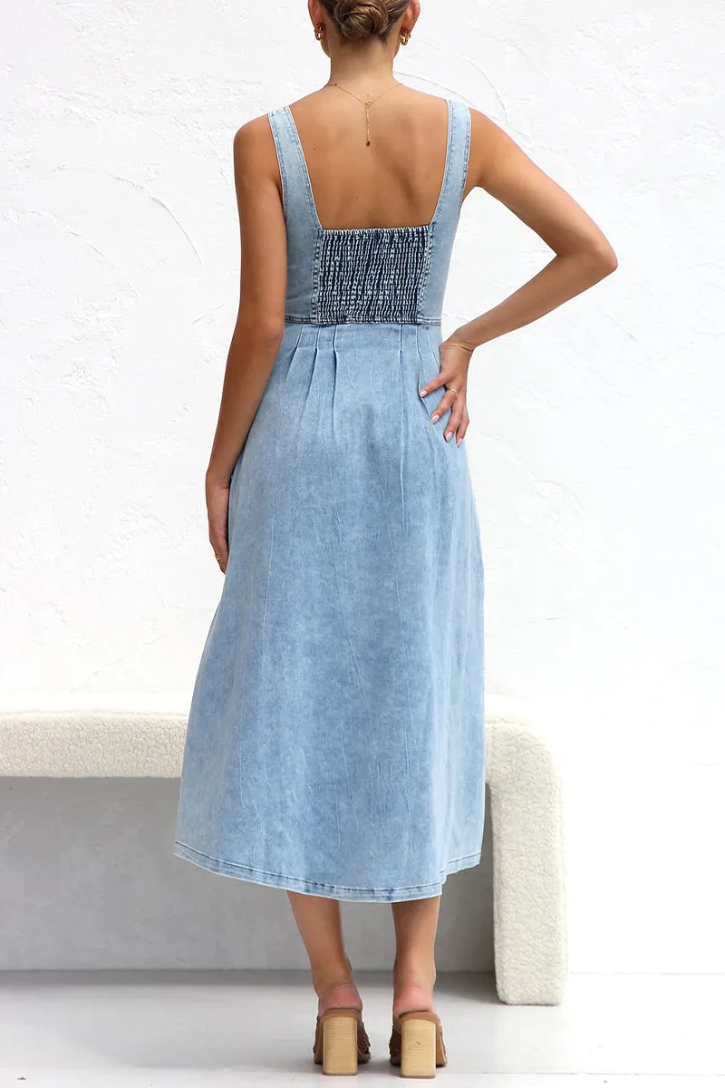 Elegant Solid Make Old Pocket Buckle V Neck Sleeveless Loose Denim Dresses