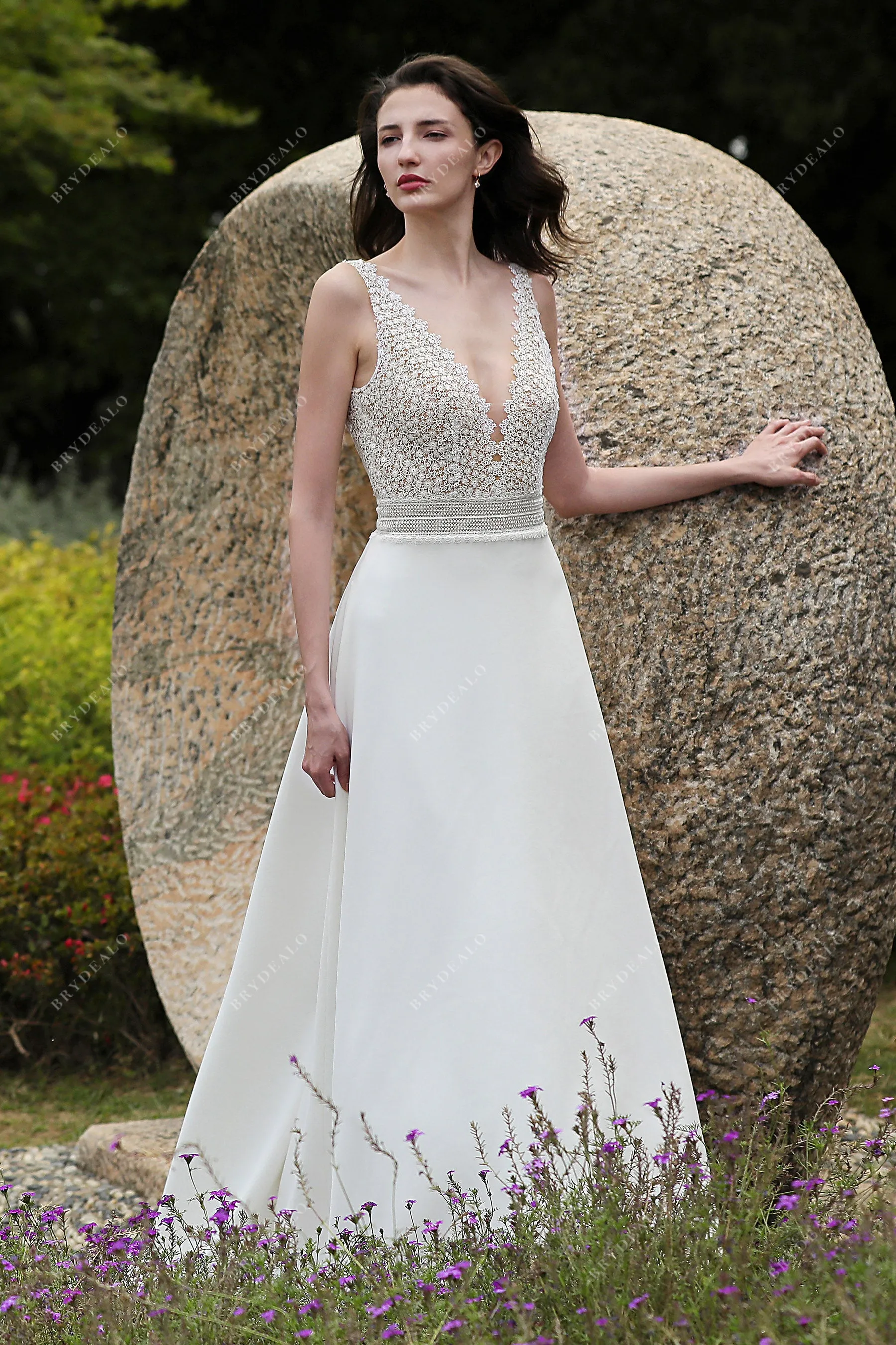 Elegant Straps Lace Crepe A-line Wedding Dress