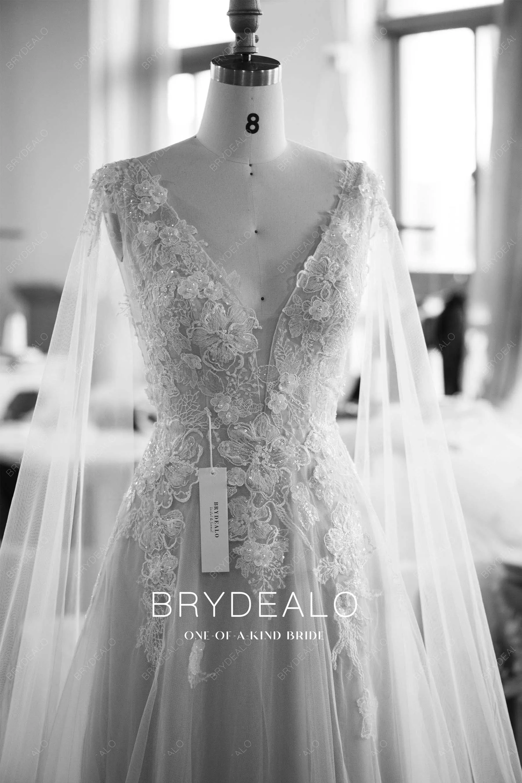 Ethereal 3D Flower Lace Detachable Shoulder Veil Wedding Dress