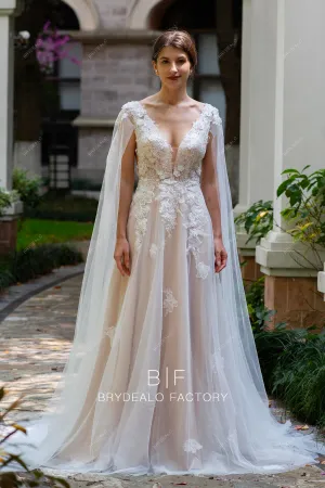 Ethereal 3D Flower Lace Detachable Shoulder Veil Wedding Dress