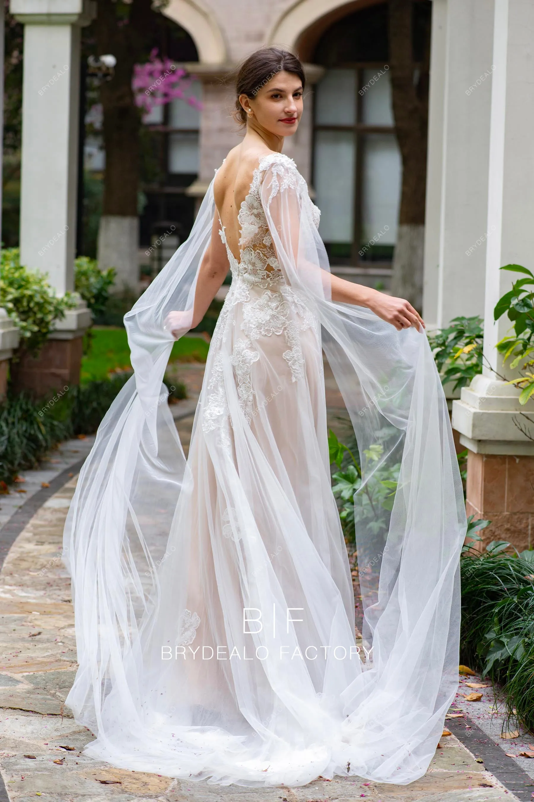 Ethereal 3D Flower Lace Detachable Shoulder Veil Wedding Dress