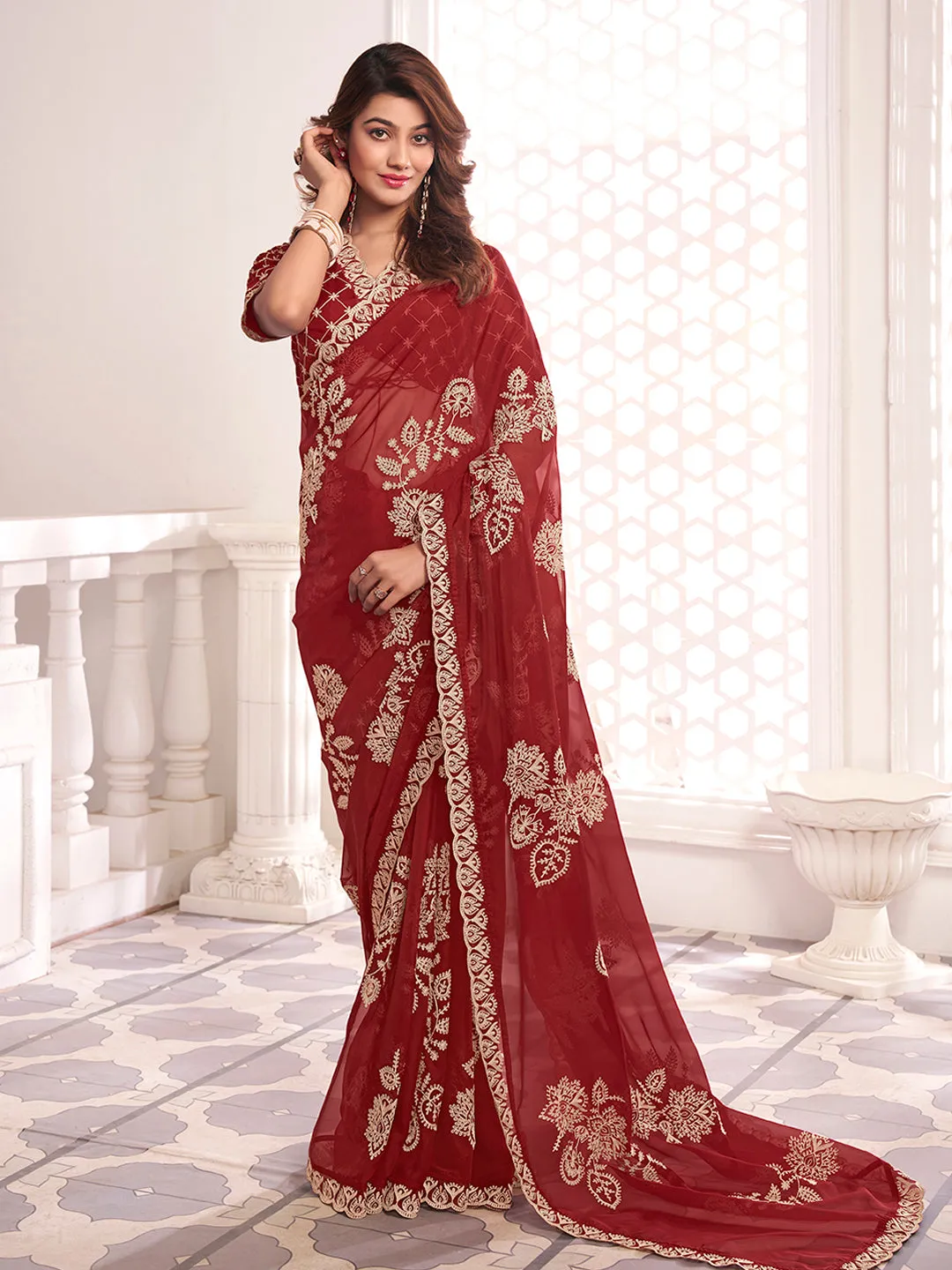 Ethnic Motif Embroidered Saree with Blouse