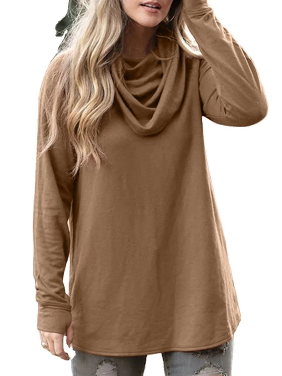 Fashion all-match pile collar casual solid color long-sleeved T-shirt top