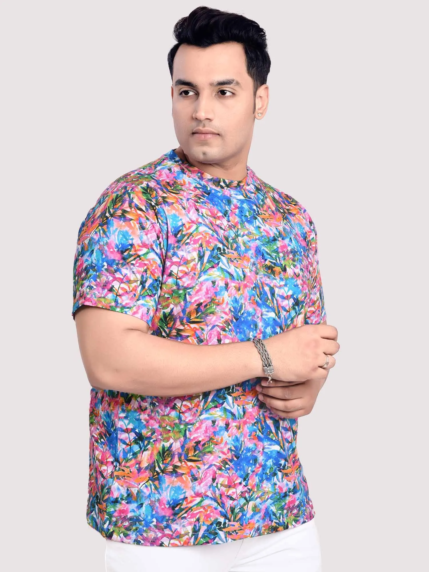 Flower Digital Printed Round Neck T-Shirt Men's Plus Size