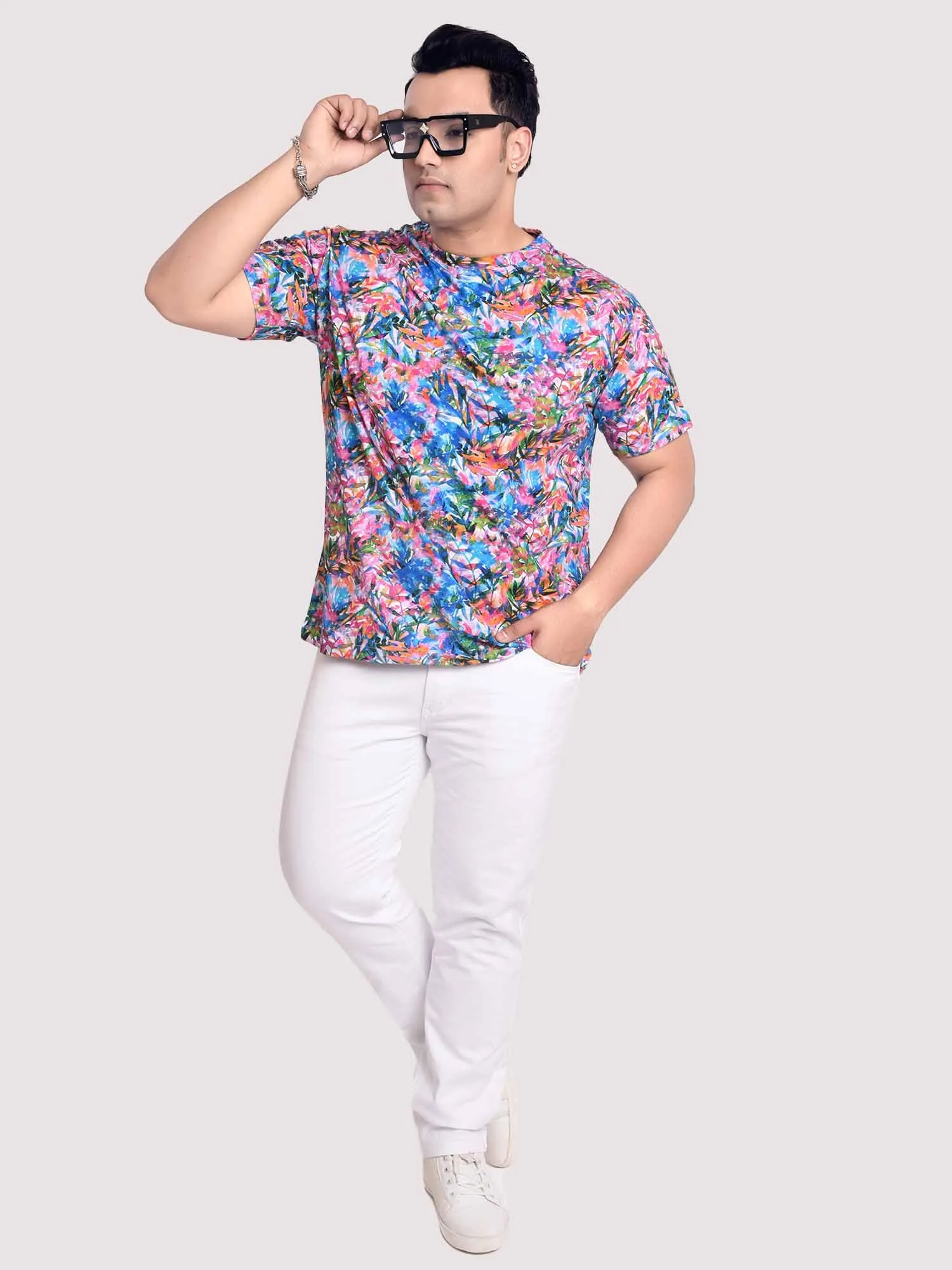 Flower Digital Printed Round Neck T-Shirt Men's Plus Size