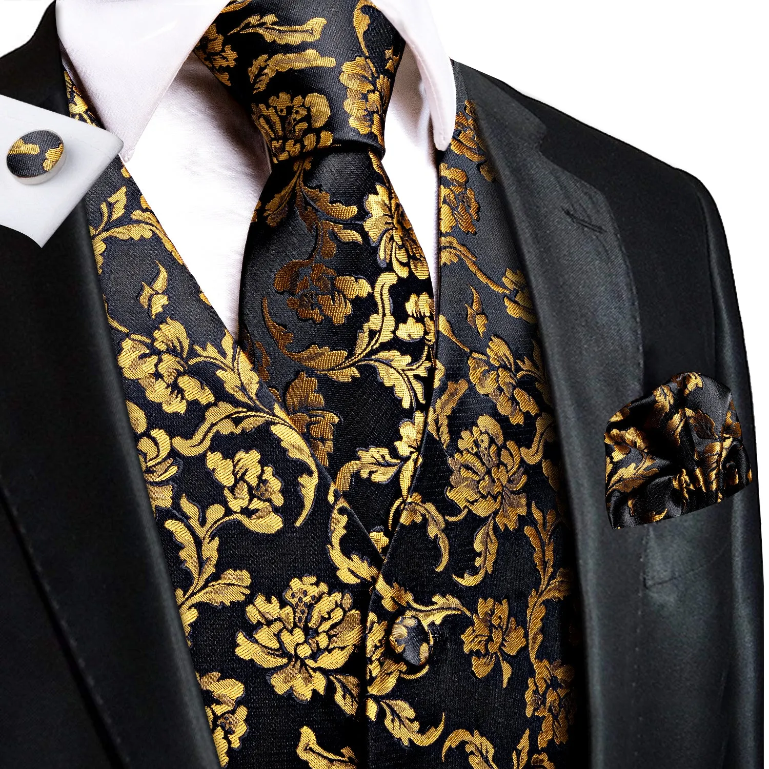 Hi-Tie Black Golden Floral Silk Men's Vest Tie Set Waistcoat Suit Set