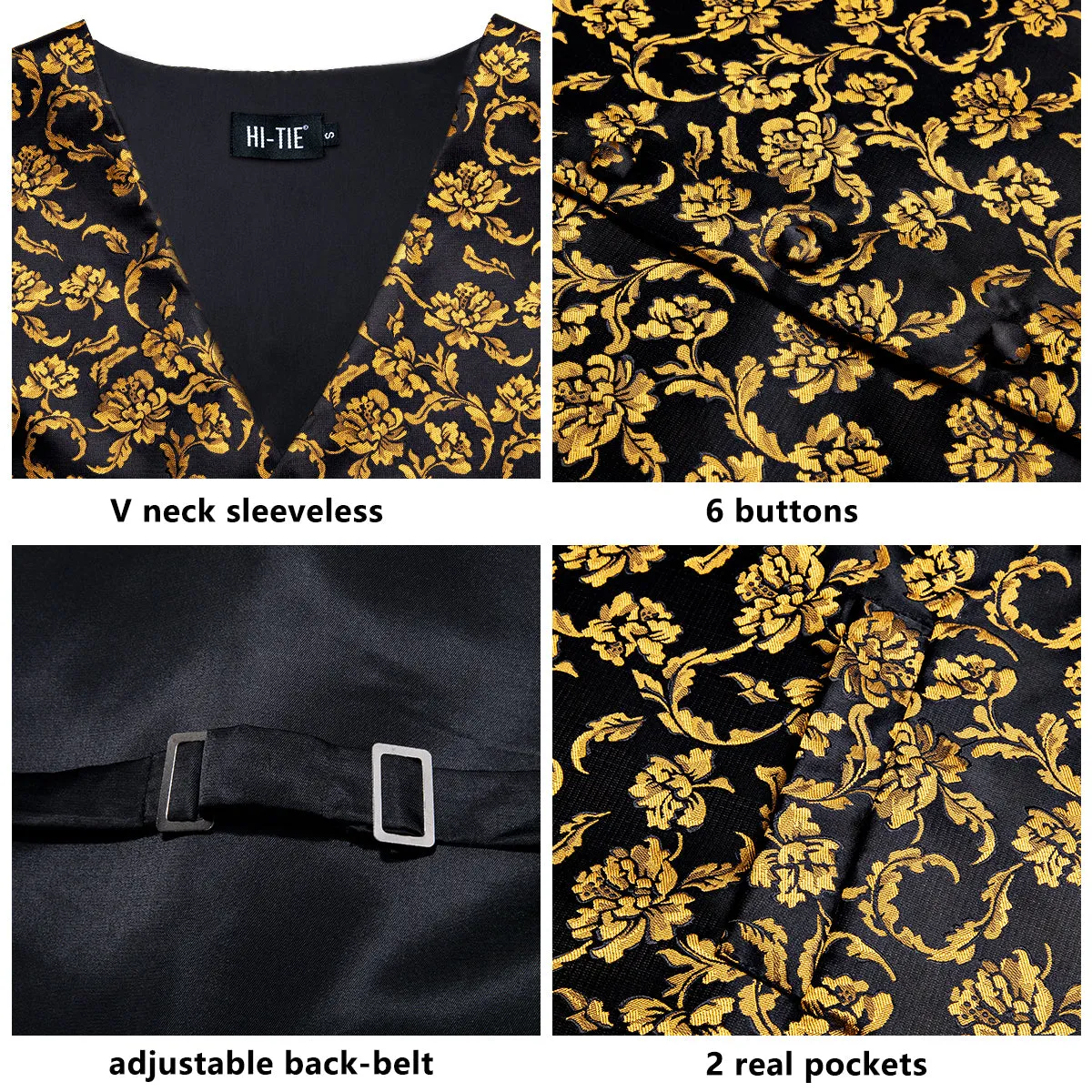 Hi-Tie Black Golden Floral Silk Men's Vest Tie Set Waistcoat Suit Set