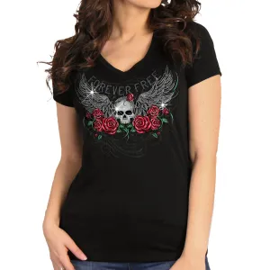 Hot Leathers GLR1575 Women's Black Short Sleeve Skull Wing Roses