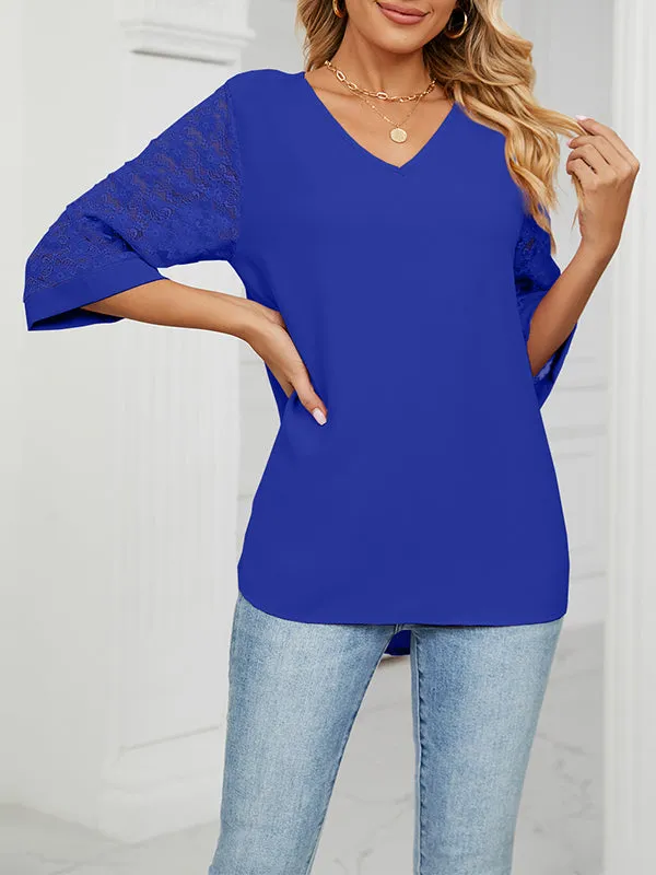 Loose Three-Quarter Sleeves Mesh Solid Color Split-Joint Round-Neck T-Shirts Tops