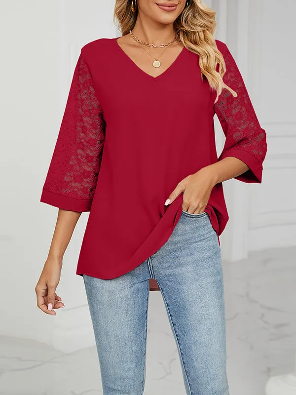 Loose Three-Quarter Sleeves Mesh Solid Color Split-Joint Round-Neck T-Shirts Tops