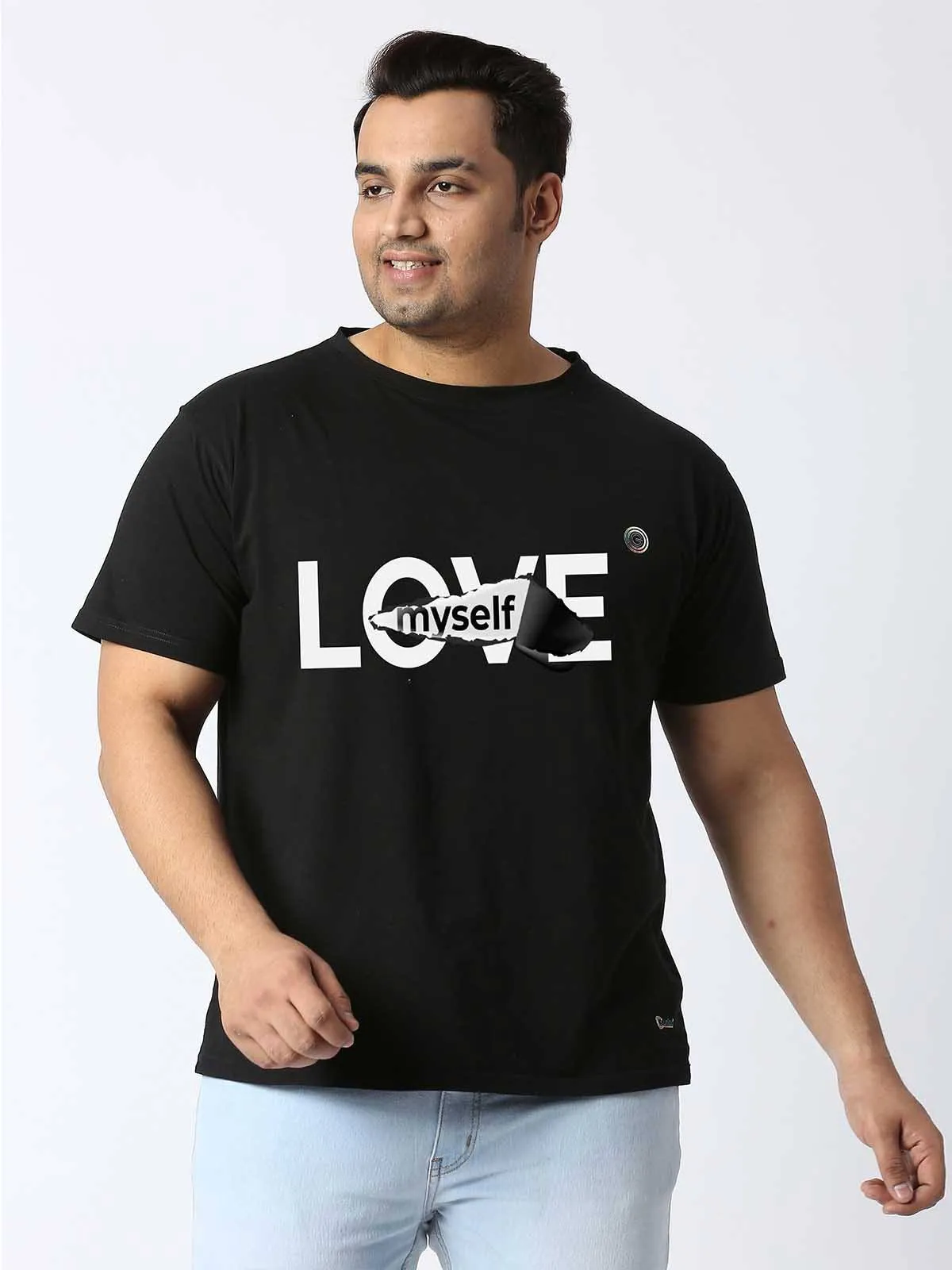 Men Plus Size Black Love My Self Printed Round Neck T-Shirt.