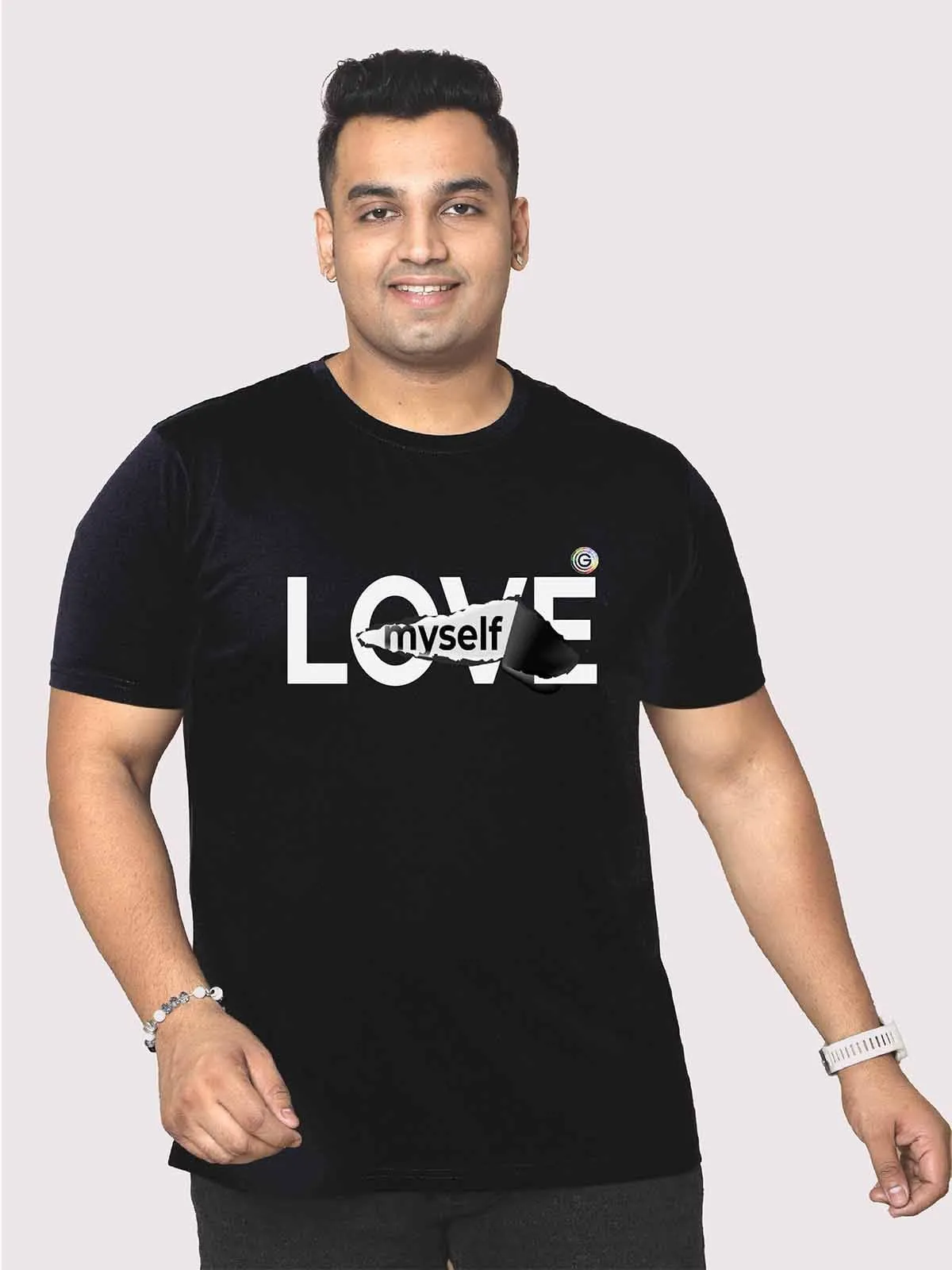 Men Plus Size Black Love My Self Printed Round Neck T-Shirt.