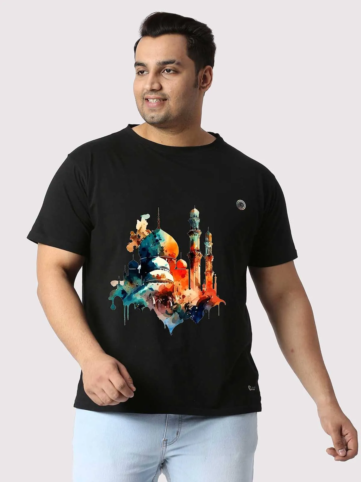 Men Plus Size Black Mosque Printed Round Neck T-Shirt