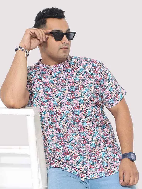 Men Plus Size Rouge Floral Digital Printed Round Neck T-Shirt