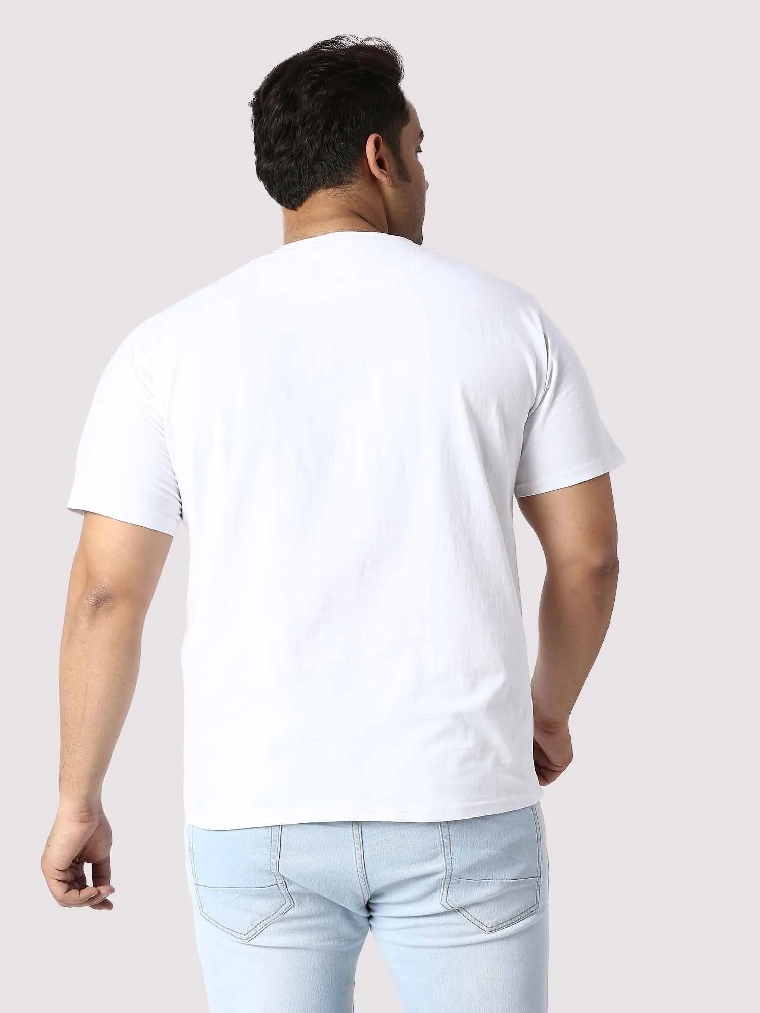 Men Plus Size White Biker Graphic Printed Round Neck T-Shirt