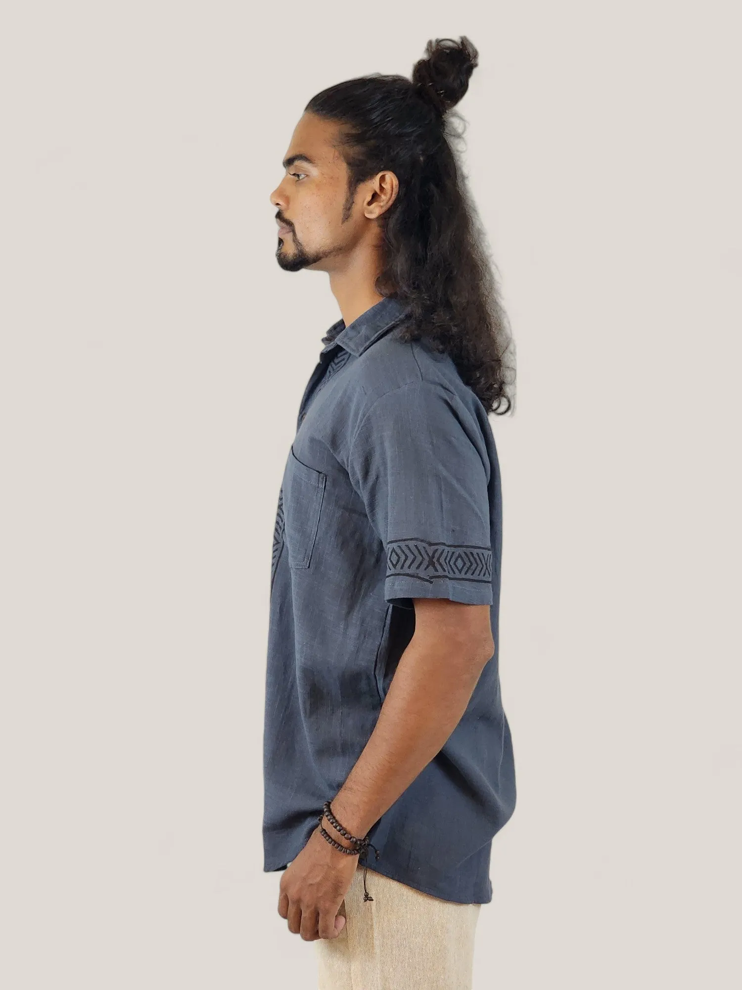 Men's Denim Blue Organic Linen Short Sleeve Block-Printed Button-Down Shirt