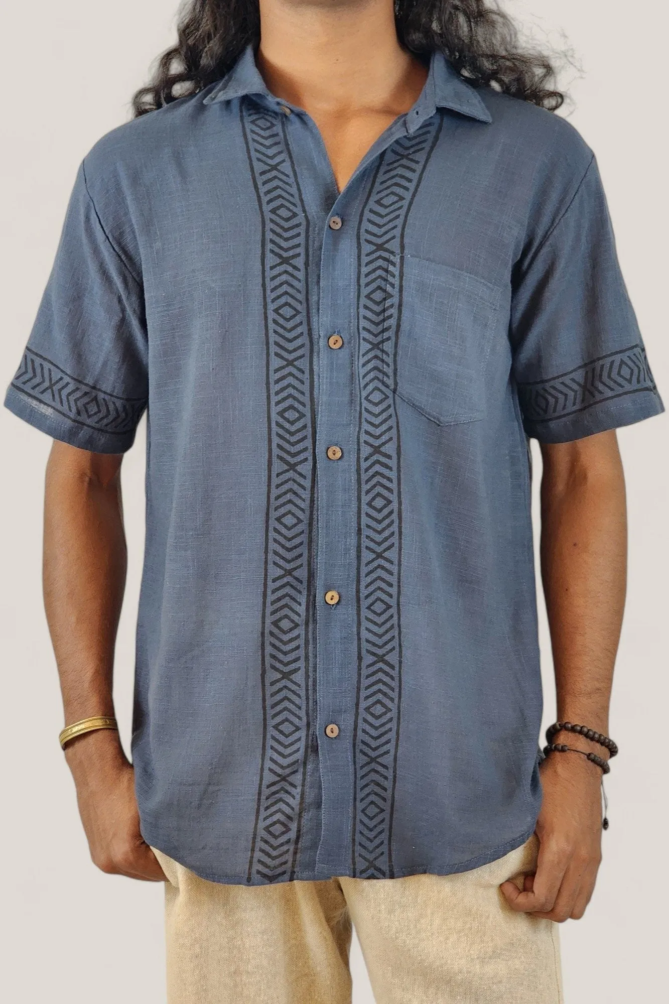 Men's Denim Blue Organic Linen Short Sleeve Block-Printed Button-Down Shirt