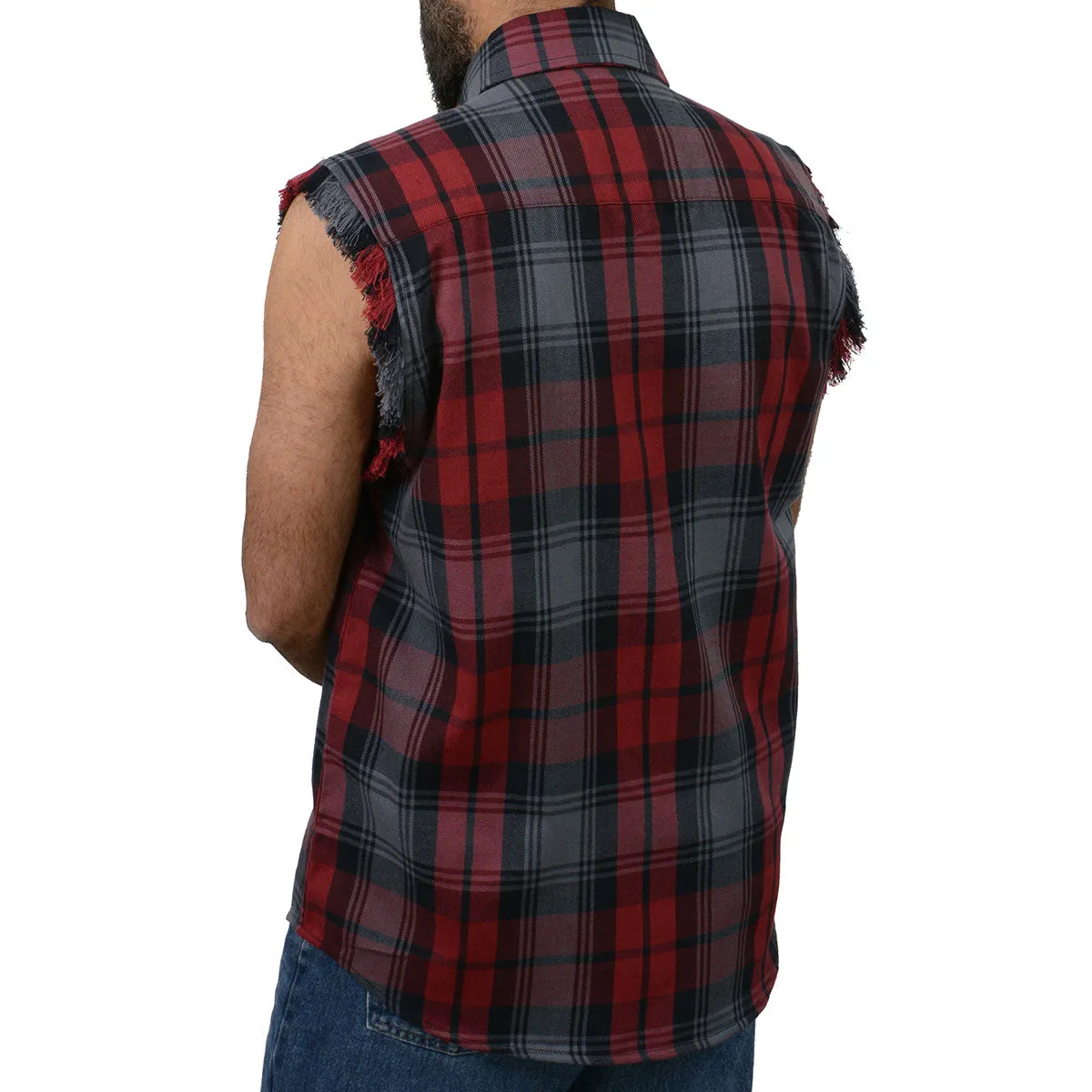 Milwaukee Leather MNG11696 Men’s Classic Black and Grey with Red Button-Down Flannel Cut Off Frayed Sleeveless Casual Shirt