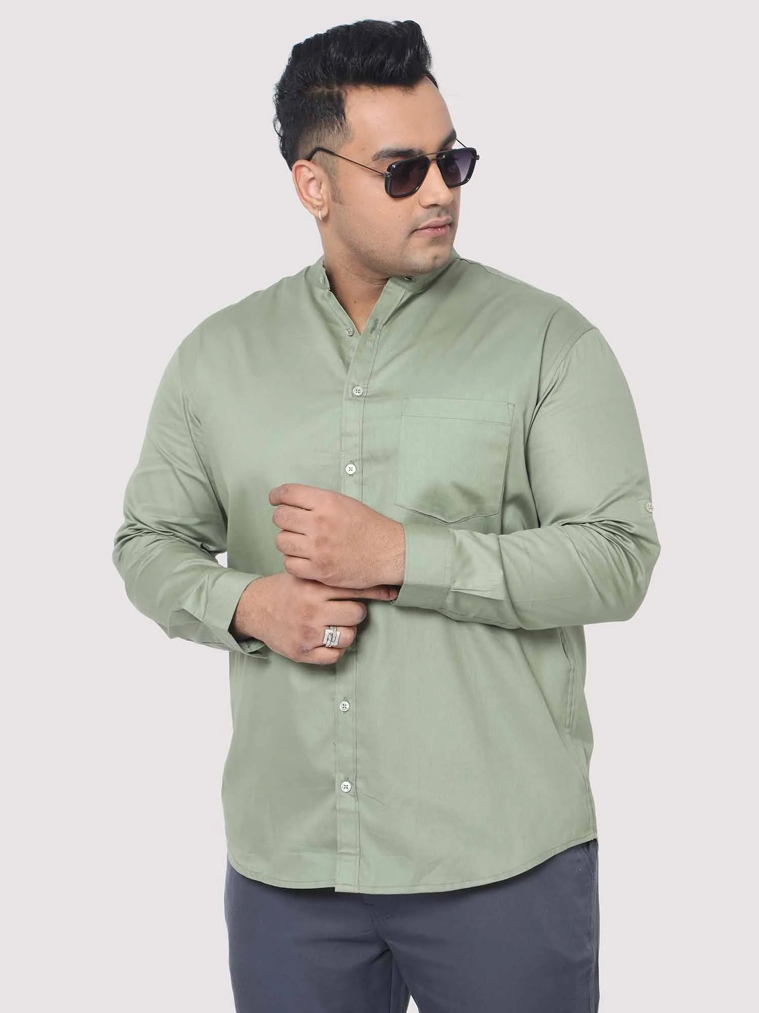 Olive Green Mandarin Collar Men's Plus Size Cotton Full Shirt