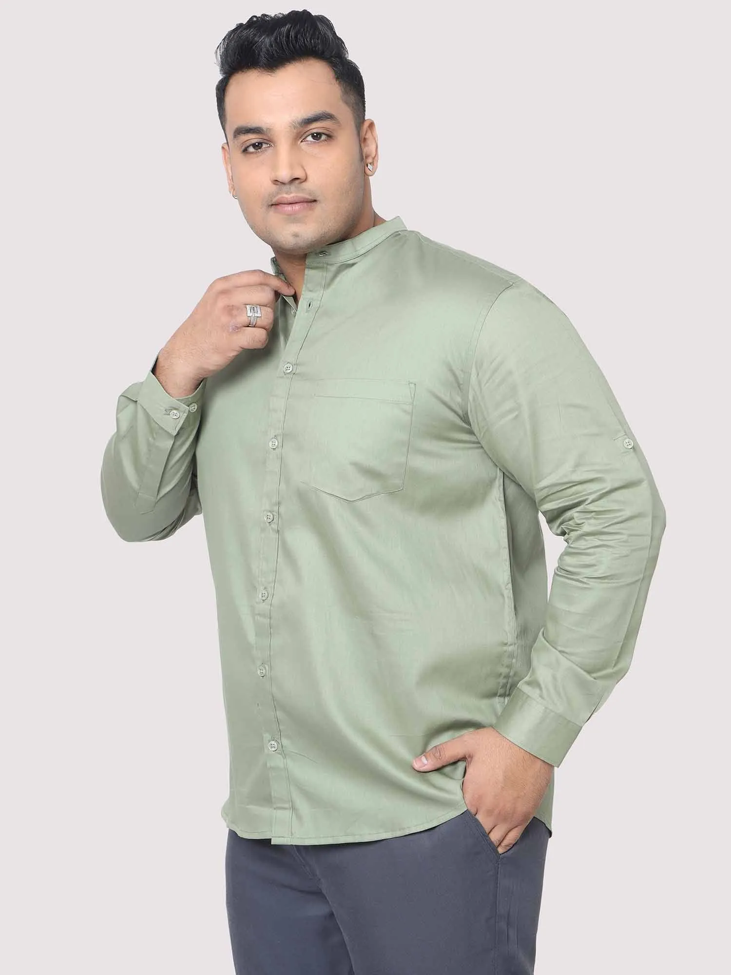 Olive Green Mandarin Collar Men's Plus Size Cotton Full Shirt